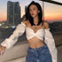 Women Cropped Bow Short Top With Long Sleeves - ROUTINE FASHION